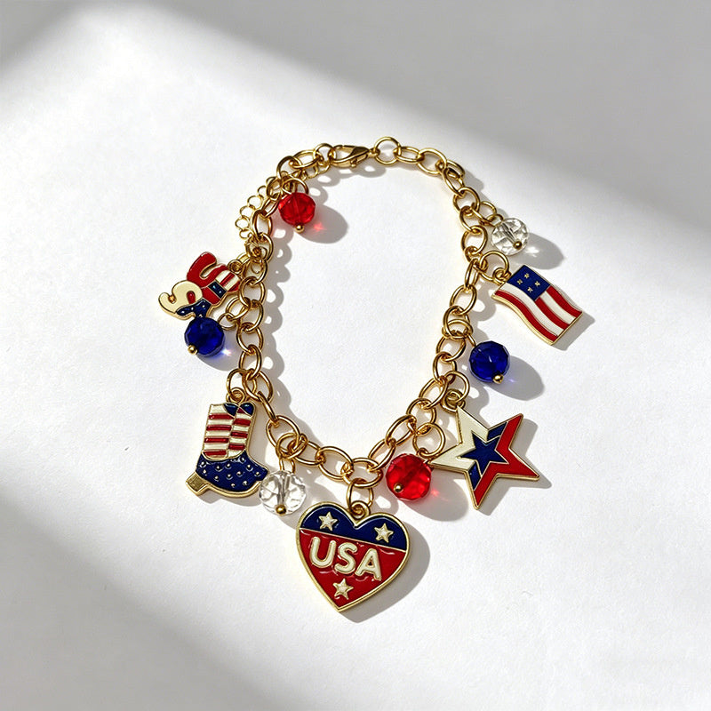 American Independence Day themed flag necklace for women, creative oil-drip star and heart pendant bracelet