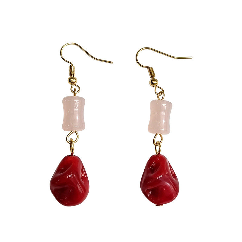 New Chinese-style red pendant pink bamboo earrings, versatile and elegant, traditional Chinese style earrings