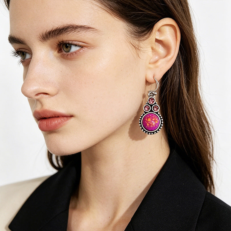 Rose purple gold-drip glaze earrings three small diamonds paired with a round main stone, versatile for everyday outings