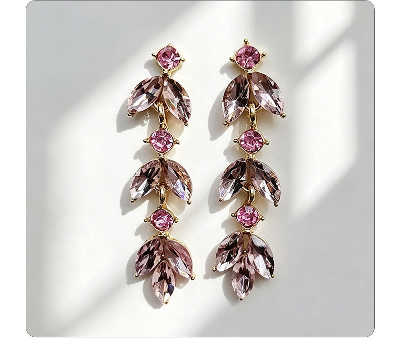 Leaf-shaped colorful diamond long earrings marquise-shaped rhinestones, suitable for pairing with dresses, creating a light and luxurious atmosphere