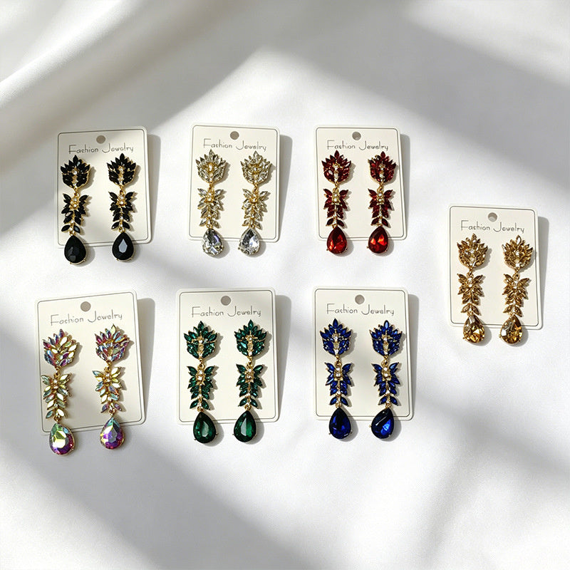 Colorful Crystal Leaf Long Earrings, Luxurious Palace-Style Exquisite Atmosphere Fashion Earrings
