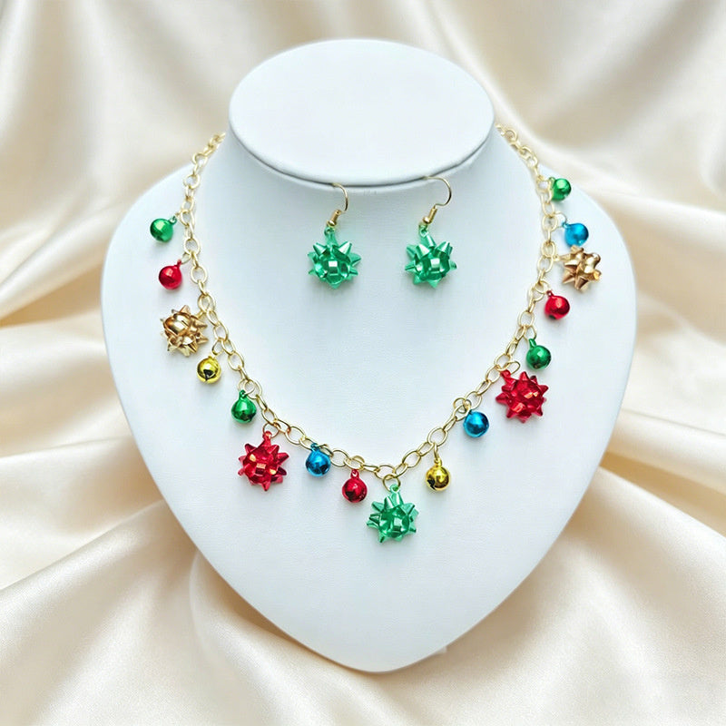 Christmas Multi-element Enamel Necklace Earring Set in Red and Green Colors, Festive Atmosphere Women's Accessories