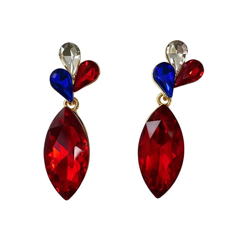 Red, blue, and white three-color crystal long water drop earrings, stage performance dress accessories, stylish ear jewelry