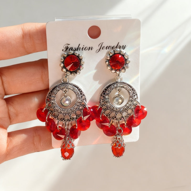 Bohemian style earrings with glass tassels, exaggerated and stylish