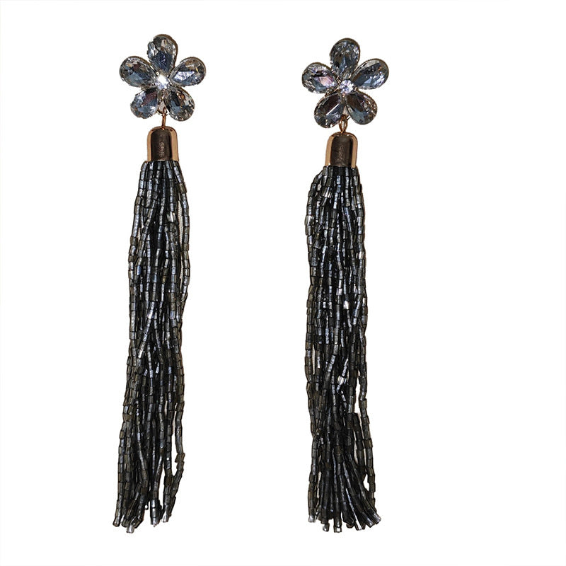 Glass Flower Tassel Earrings, Exaggerated Long Style, Fashionable and Elegant Ear Accessories
