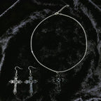 Cross necklace earring set, metal layered wear, simple and unique collarbone chain earrings