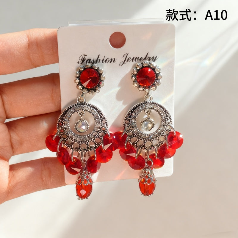 Bohemian style earrings with glass tassels, exaggerated and stylish
