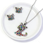 New colorful diamond-studded cat necklace and earring set for children, cute accessories