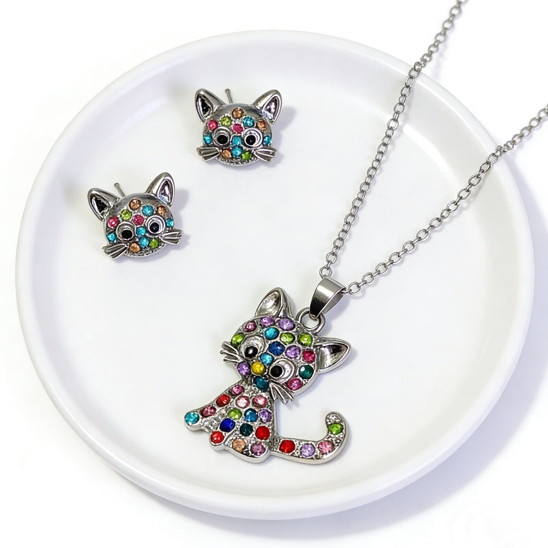 New colorful diamond-studded cat necklace and earring set for children, cute accessories