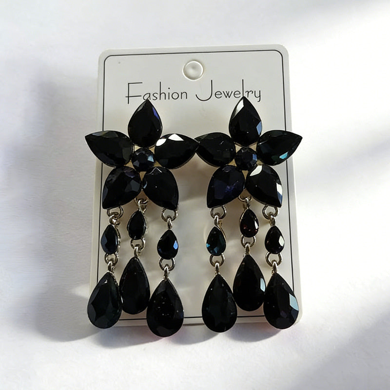 Colorful Gemstone Flower Long Tassel Rhinestone Drop Earrings Fashionable Trendy Women's Ear Accessories