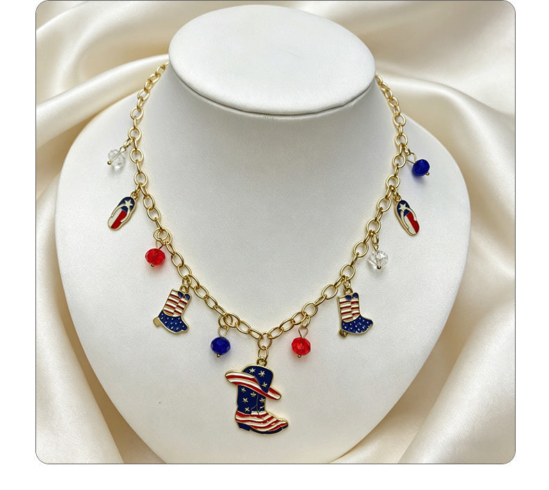 American Independence Day themed flag necklace for women, creative oil-drip star and heart pendant bracelet