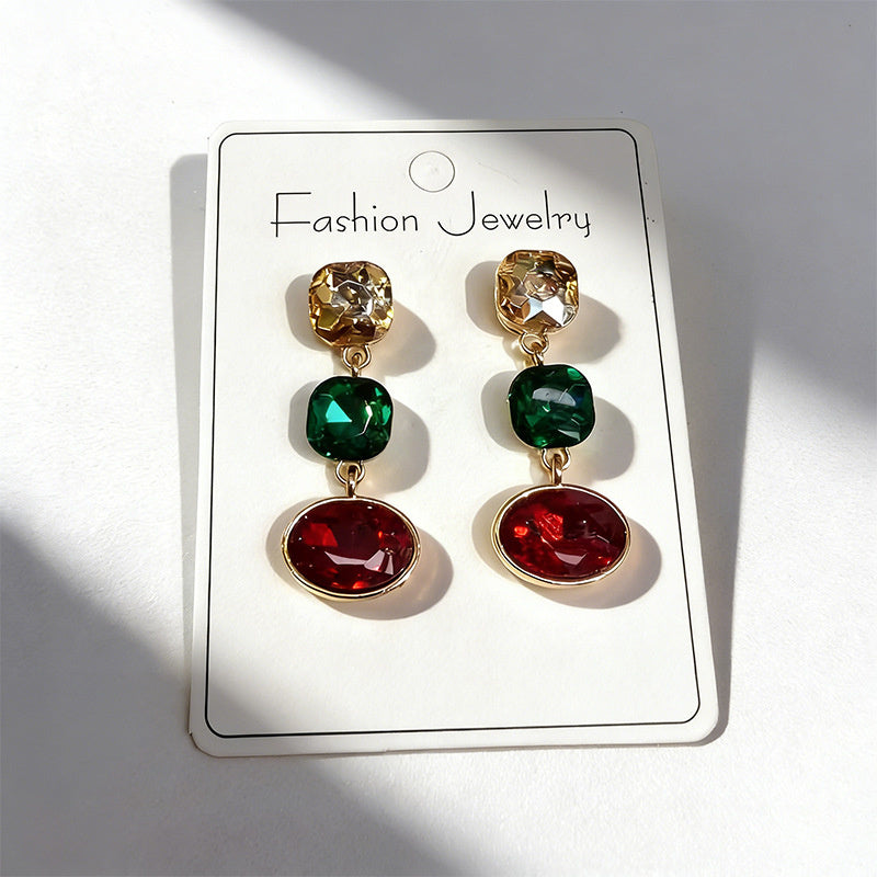 Luxury three-color gemstone with oval teardrop shape, available in multiple colors, durable and non-fading, fashionable earrings