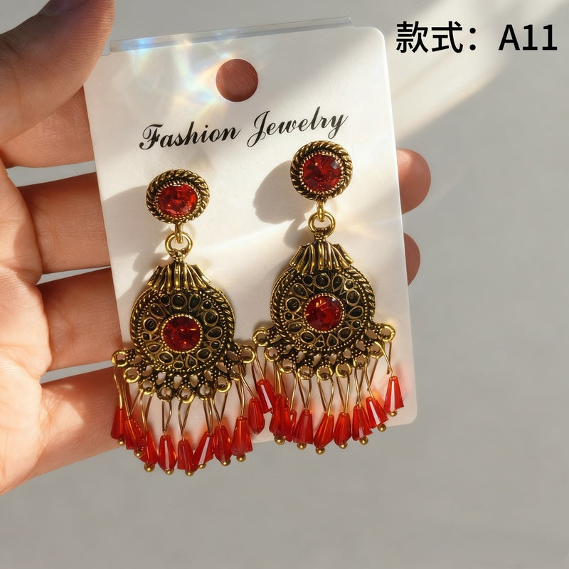 Bohemian style earrings with glass tassels, exaggerated and stylish