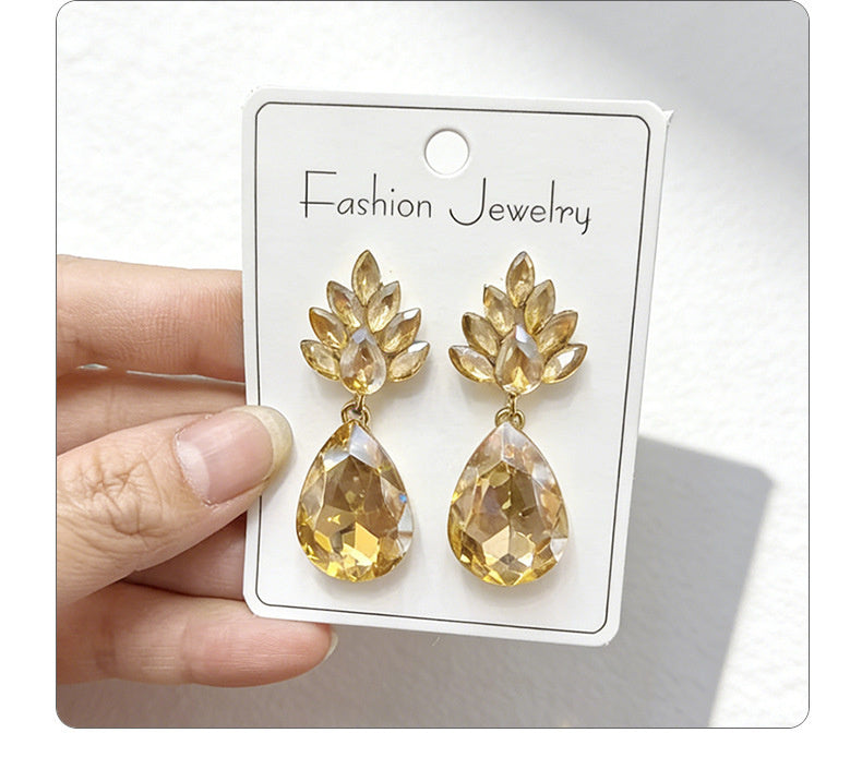 Water drop-shaped earrings, light luxury with diamond-encrusted floral leaf pendants, available in multiple colors, versatile and suitable for everyday wear as an accessory