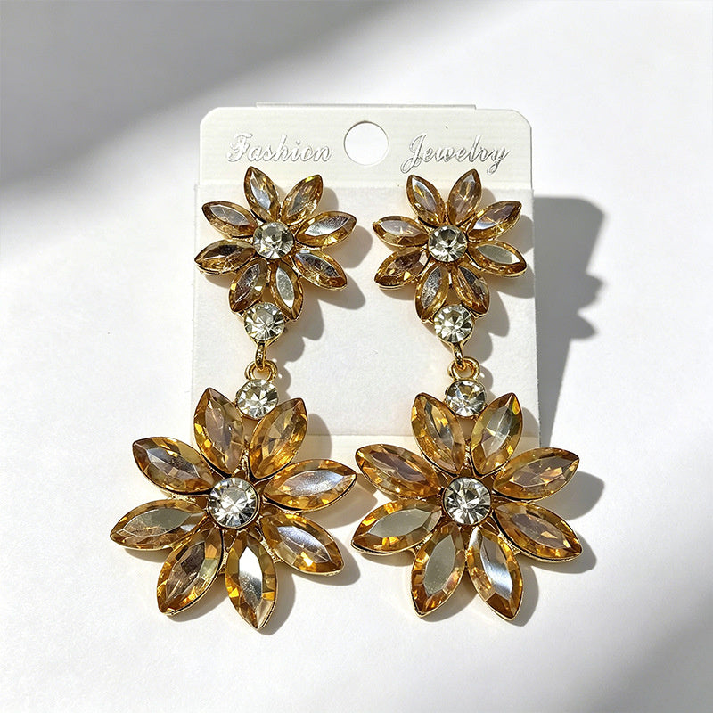 Light luxury style double-layer rhinestone flower for women, high-end versatile commuter earrings