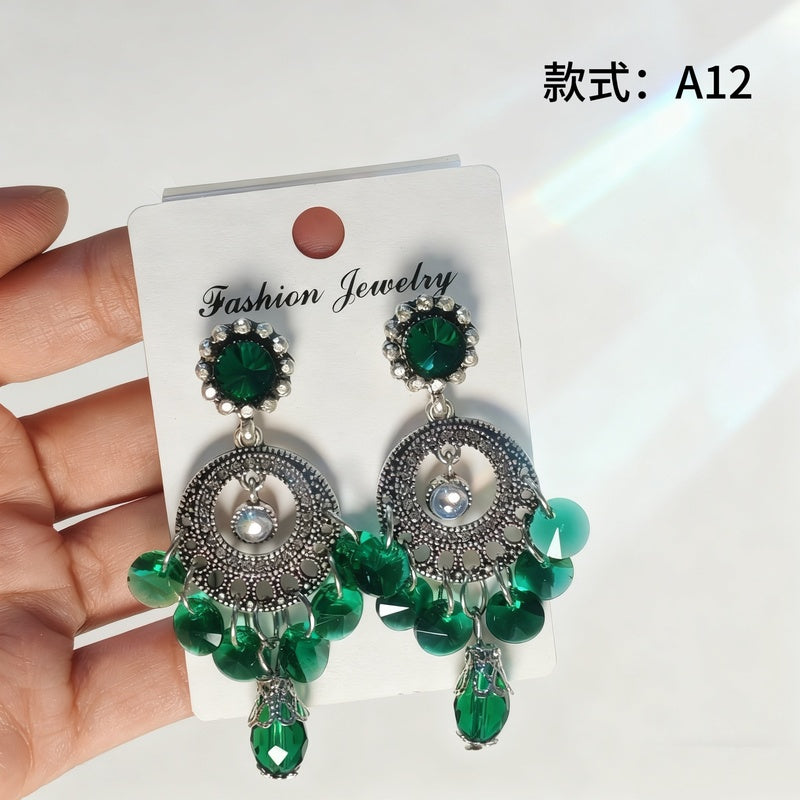 Bohemian style earrings with glass tassels, exaggerated and stylish