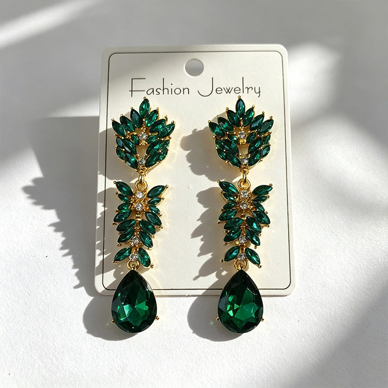 Colorful Crystal Leaf Long Earrings, Luxurious Palace-Style Exquisite Atmosphere Fashion Earrings