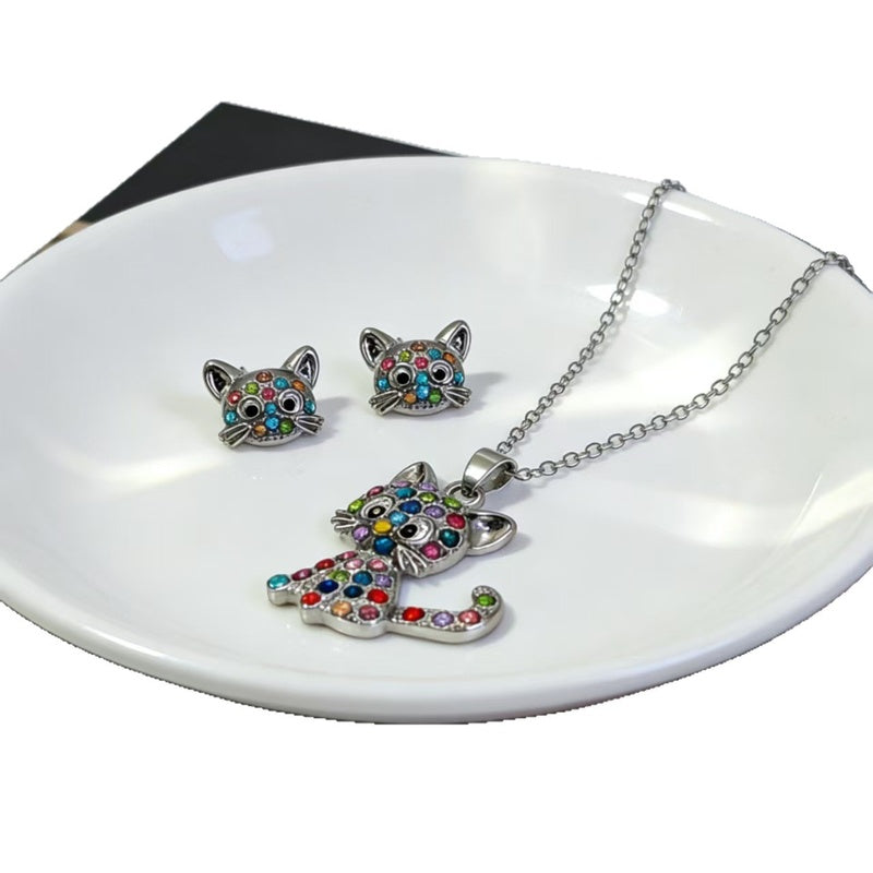 New colorful diamond-studded cat necklace and earring set for children, cute accessories