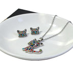 New colorful diamond-studded cat necklace and earring set for children, cute accessories