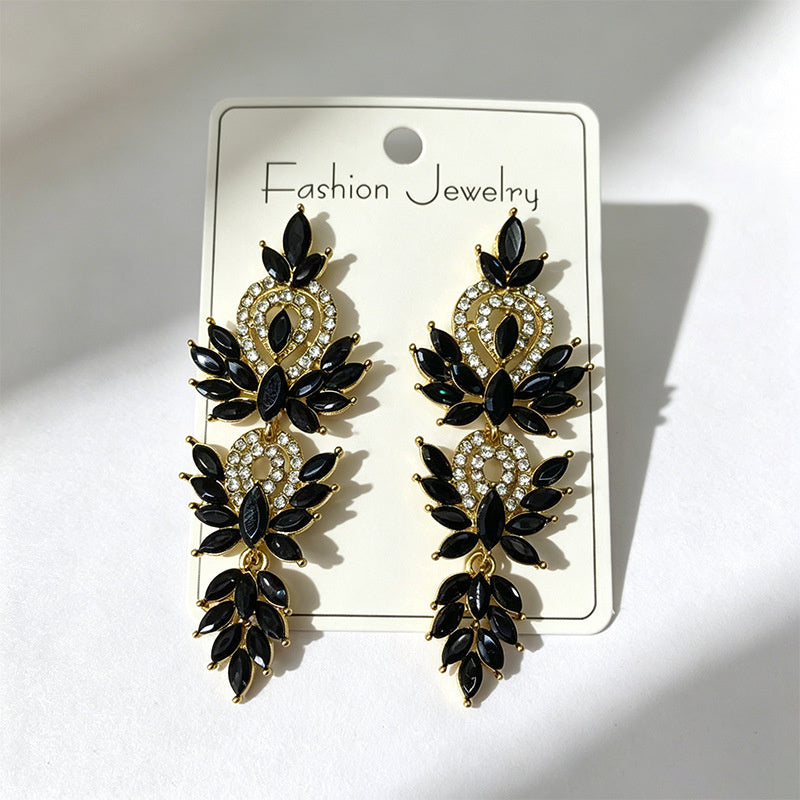 Colorful diamond wheat ear long earrings, niche light luxury design, stylish and versatile earrings