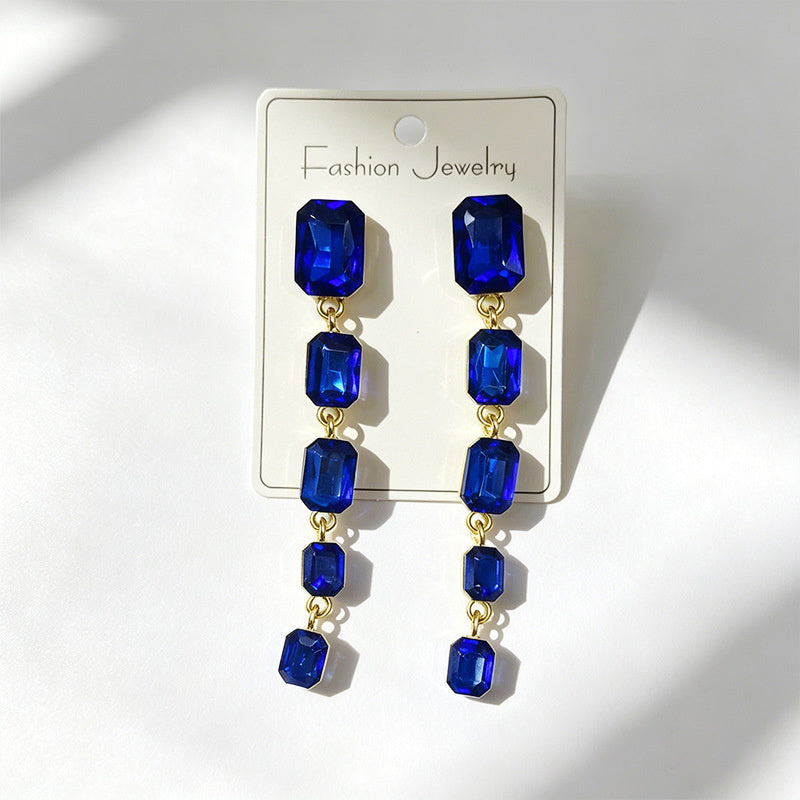 Palace-style rectangular colored diamond long drop gemstone pendant earrings, suitable for evening gowns, light luxury earrings