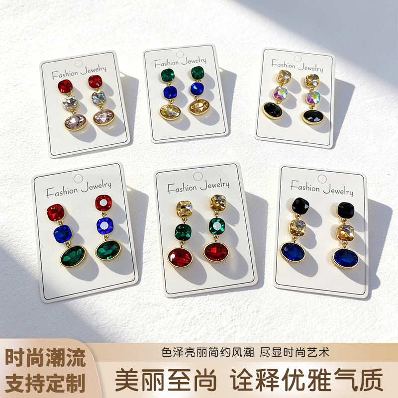 Luxury three-color gemstone with oval teardrop shape, available in multiple colors, durable and non-fading, fashionable earrings