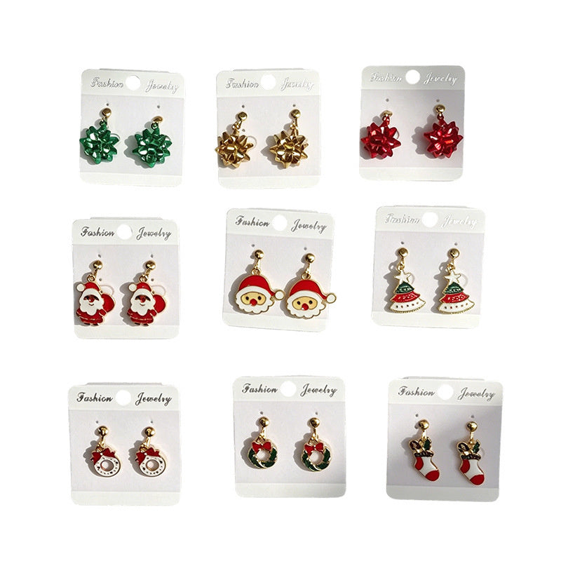 Christmas-themed alloy oil-drip earrings, bell, snowman, wreath set, cute cartoon holiday party children's earrings