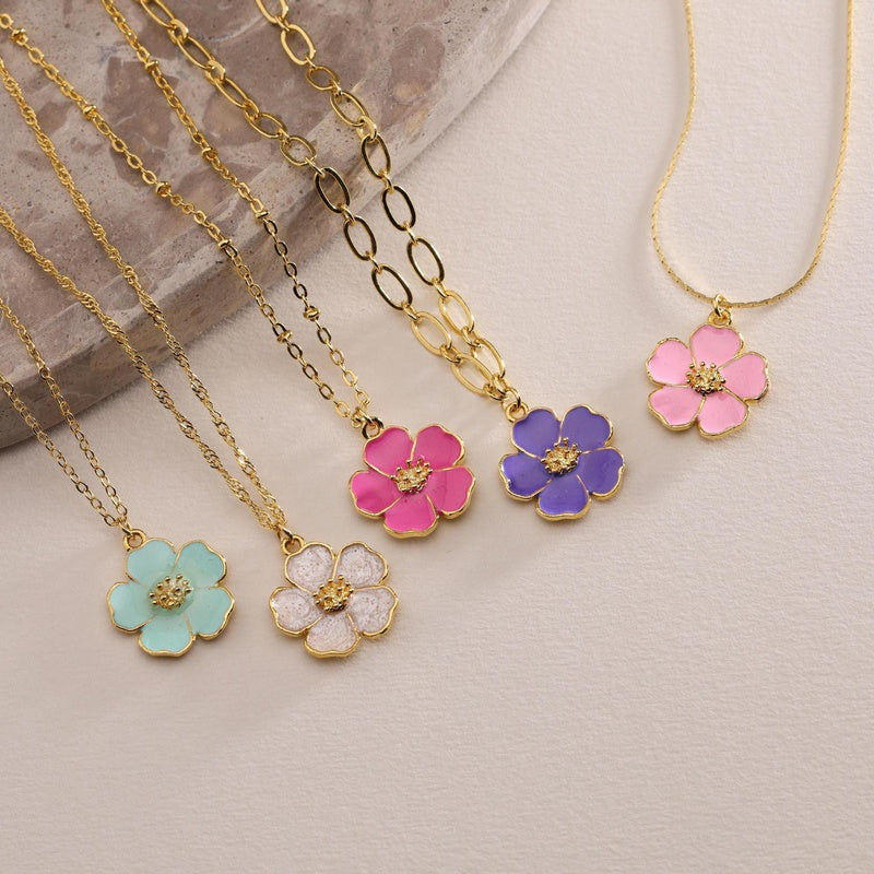 Plated Enamel Gold Sakura Flower Necklace, Christmas Gift, Gift for her, Everyday Necklace