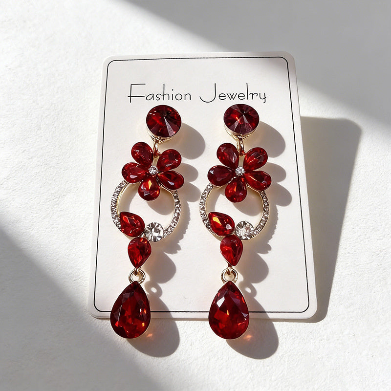 Luxurious floral with full diamond accents, long waterdrop gemstone earrings, court-style versatile earrings that enhance complexion