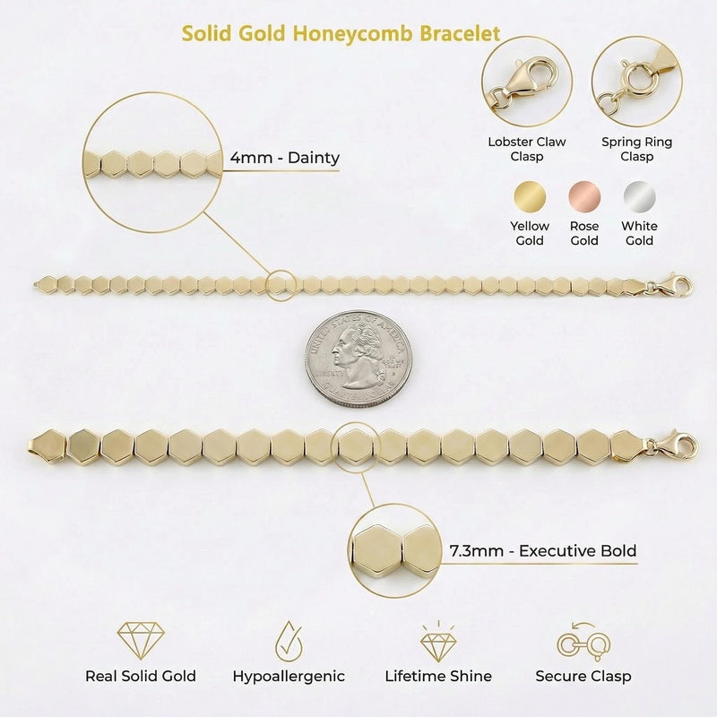 14K Solid Gold Honeycomb Bracelet: Geometric Hexagon Link Chain, Beehive Jewelry