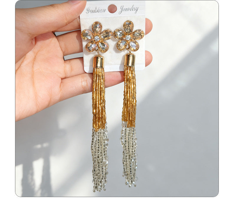 Glass Flower Tassel Earrings, Exaggerated Long Style, Fashionable and Elegant Ear Accessories