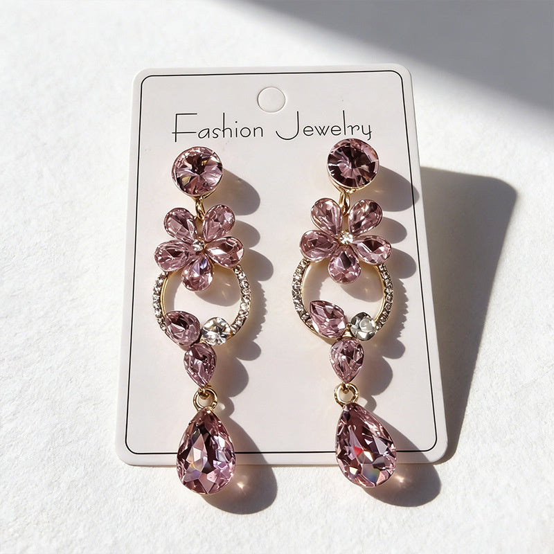 Luxurious floral with full diamond accents, long waterdrop gemstone earrings, court-style versatile earrings that enhance complexion