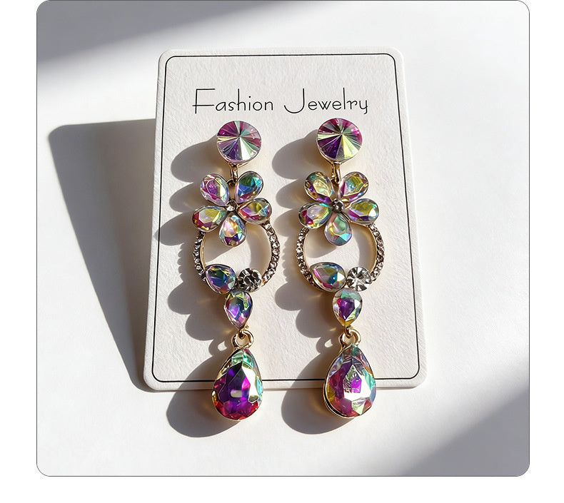 Luxurious floral with full diamond accents, long waterdrop gemstone earrings, court-style versatile earrings that enhance complexion