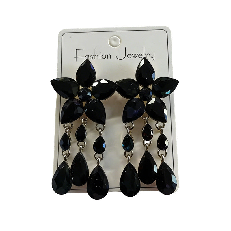 Colorful Gemstone Flower Long Tassel Rhinestone Drop Earrings Fashionable Trendy Women's Ear Accessories