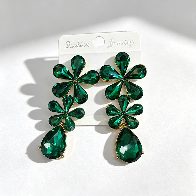Floral waterdrop rhinestone long elegant multi-color crystal drop earrings, accessories for dress and banquet