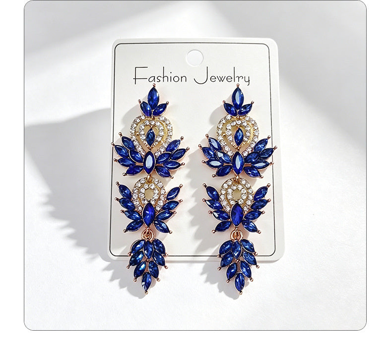 Colorful diamond wheat ear long earrings, niche light luxury design, stylish and versatile earrings