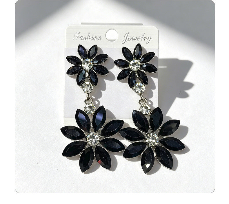 Light luxury style double-layer rhinestone flower for women, high-end versatile commuter earrings
