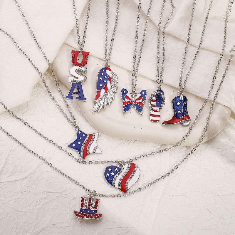 American Independence Day Flag Pendant Necklace with Rhinestones Patriotic Theme Collarbone Chain for Women