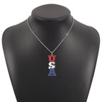 American Independence Day Flag Pendant Necklace with Rhinestones Patriotic Theme Collarbone Chain for Women
