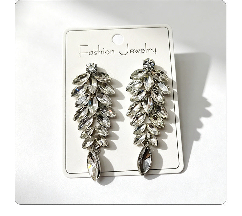 Diamond-studded leaf long tassel multi-color crystal earrings, evening style accessories