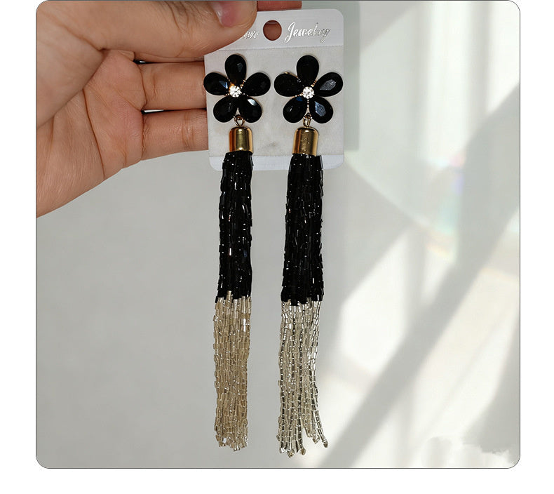 Glass Flower Tassel Earrings, Exaggerated Long Style, Fashionable and Elegant Ear Accessories