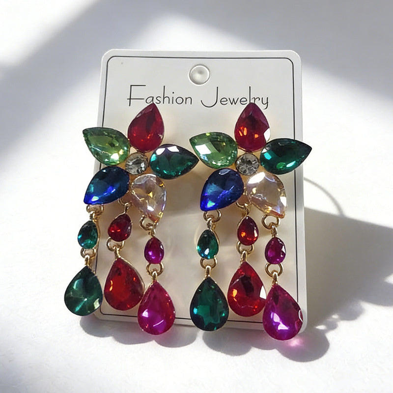 Colorful Gemstone Flower Long Tassel Rhinestone Drop Earrings Fashionable Trendy Women's Ear Accessories