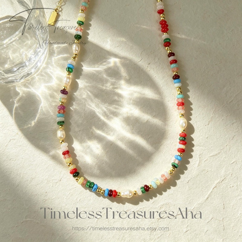 Handmade Colorful Crystal & Freshwater Pearl Beaded Necklace, Rainbow Gemstone Choker Gift for her