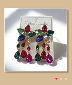 Colorful Gemstone Flower Long Tassel Rhinestone Drop Earrings Fashionable Trendy Women's Ear Accessories
