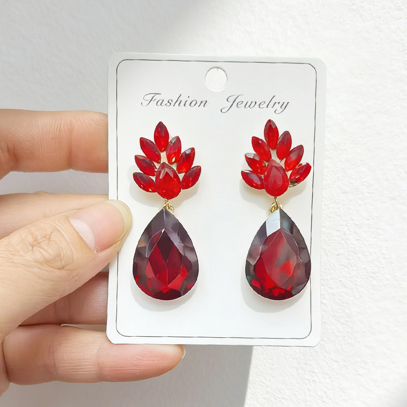 Water drop-shaped earrings, light luxury with diamond-encrusted floral leaf pendants, available in multiple colors, versatile and suitable for everyday wear as an accessory