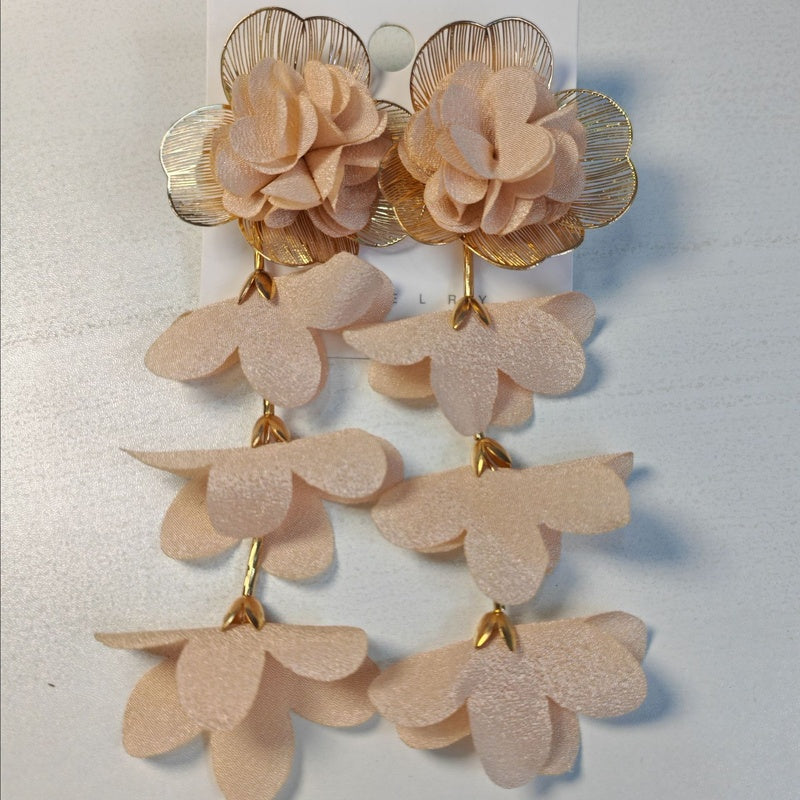 Exaggerated designer multi-layered chiffon floral earrings, beach vacation style earrings for women, light luxury