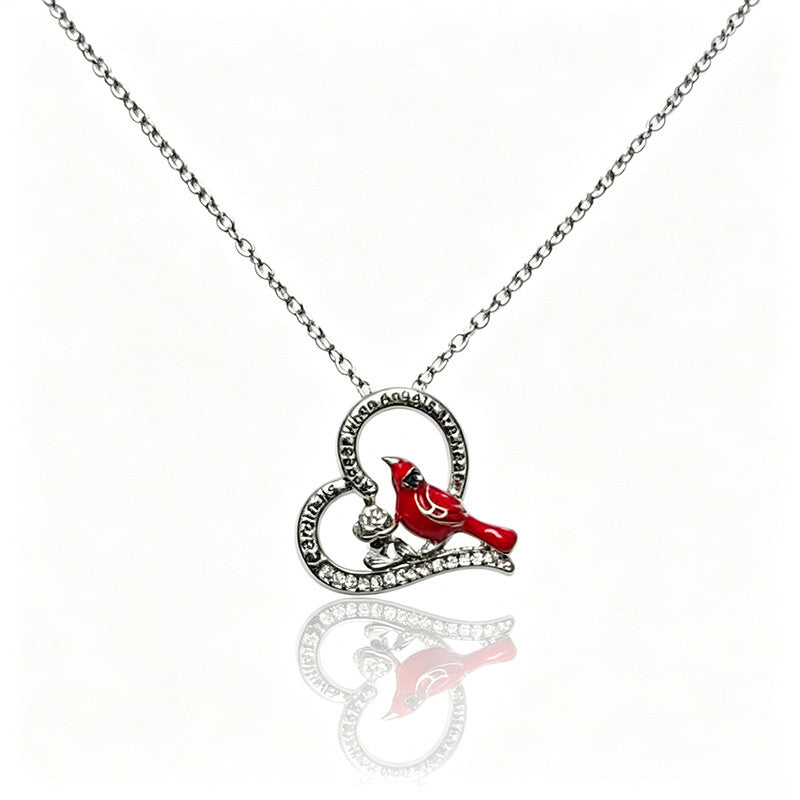 Crescent Red Bird Pendant Necklace for Women, Fashionable Heart-Shaped Diamond-Studded Clavicle Chain, Unique and Elegant Accessory