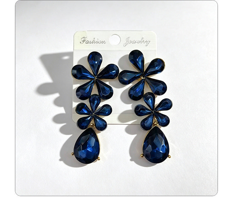 Floral waterdrop rhinestone long elegant multi-color crystal drop earrings, accessories for dress and banquet