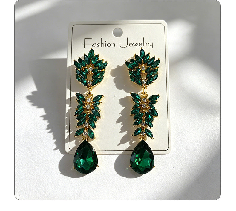 Colorful Crystal Leaf Long Earrings, Luxurious Palace-Style Exquisite Atmosphere Fashion Earrings
