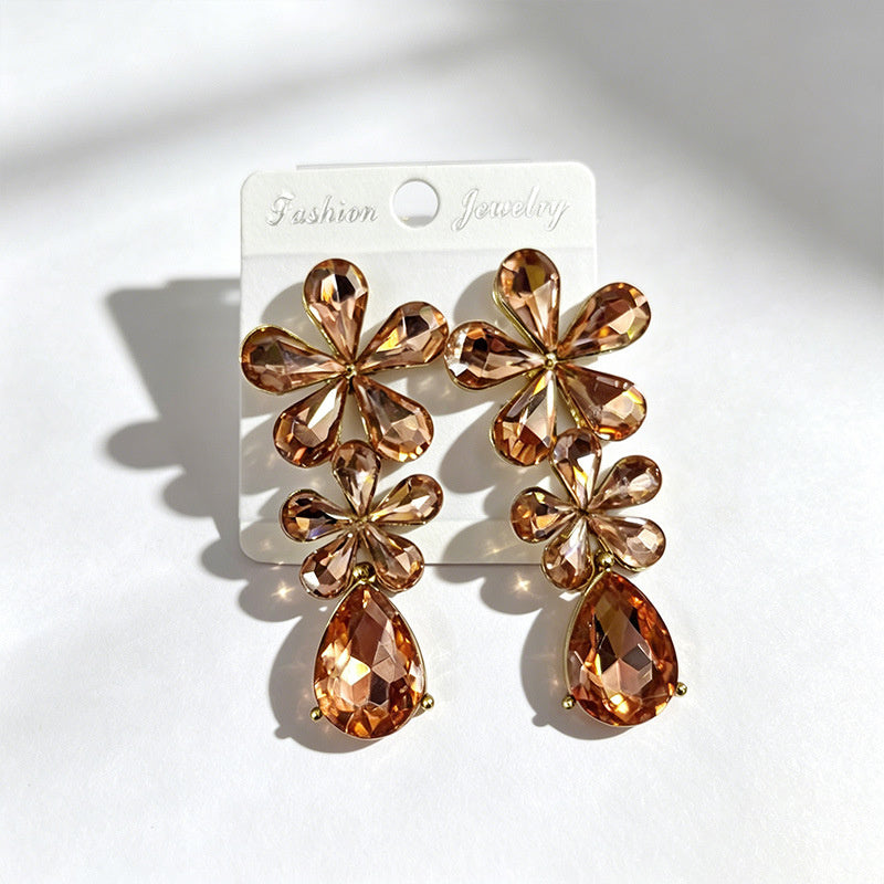 Floral waterdrop rhinestone long elegant multi-color crystal drop earrings, accessories for dress and banquet